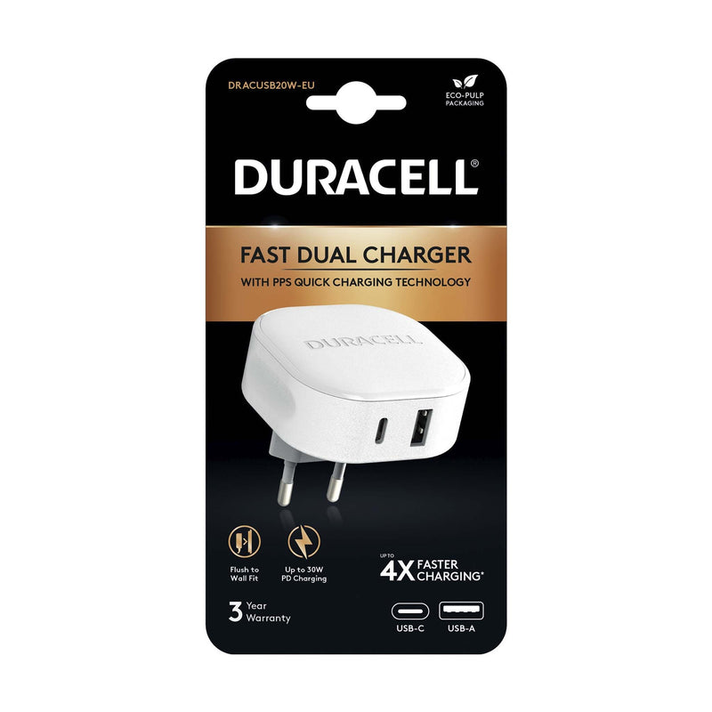 Duracell Premium USB-A + USB-C -seinälaturi, 30W (2 väriä)